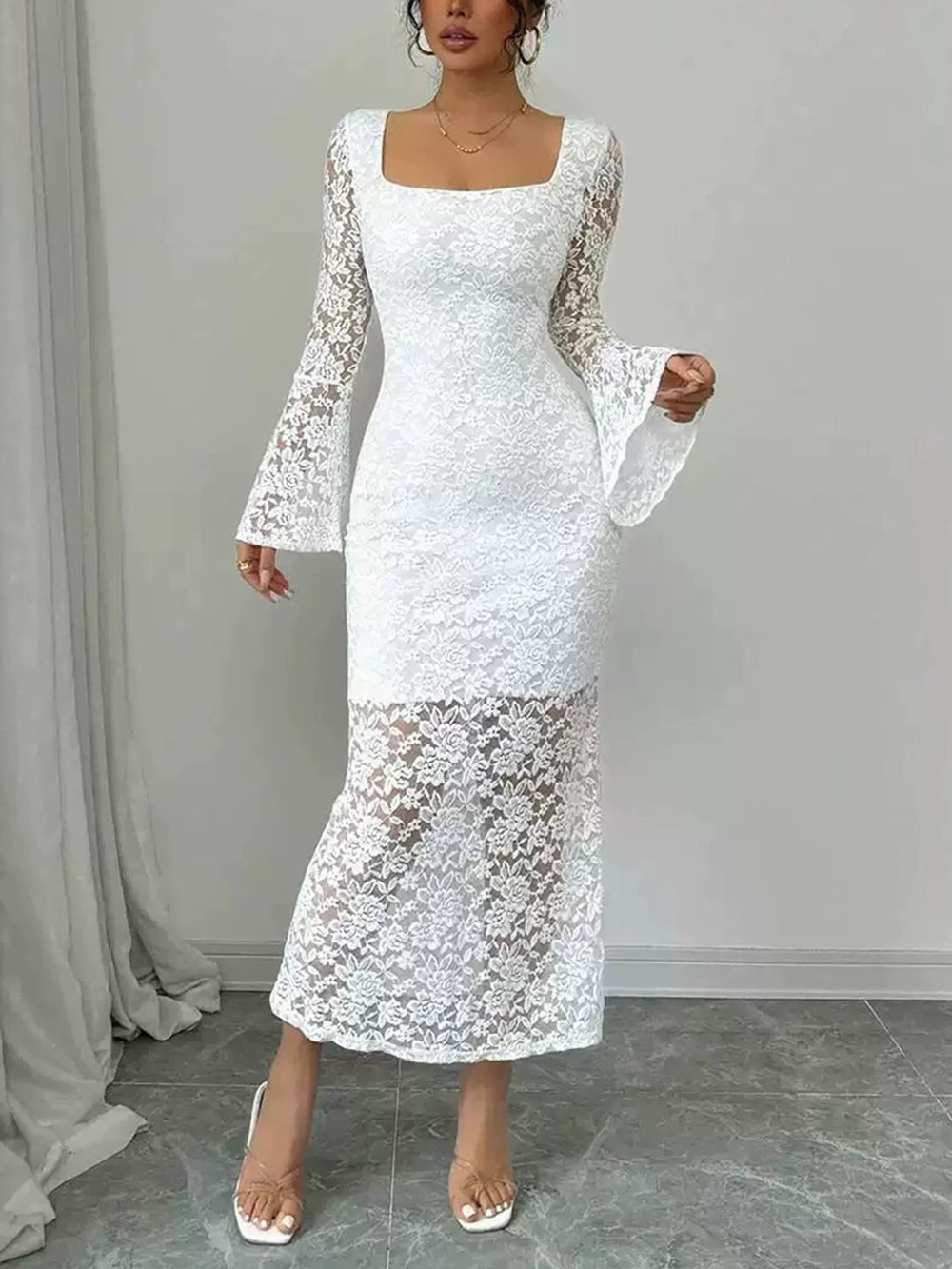 Zara Fall Lace Patch Square Neck Flared Sleeve Side Slit Bodycon Dress